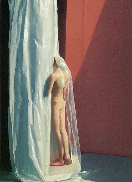 Prompt: woman in a translucent dress made from plastic bag with paper bags for clothes standing inside paper bags with paper bag over the head at store display Edward Hopper and James Gilleard, Zdzislaw Beksinski, highly detailed