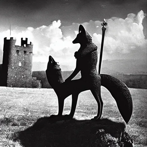 Image similar to anthropomorphic fox!! who is a medieval knight holding a swo - rd towards a stor - my thundercloud [ 1 9 3 0 s film still ], ( castle in the background )