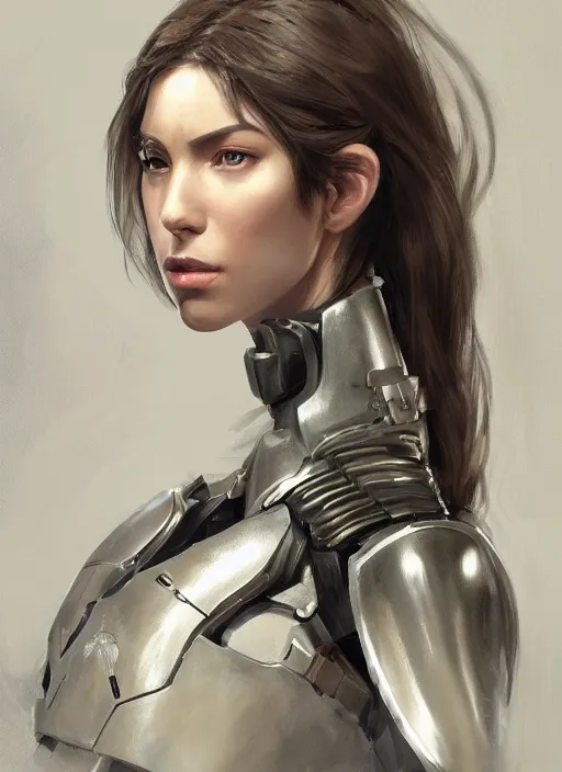 Image similar to a professional painting of a beautiful young female, clothed in military armor, olive skin, long dark hair, beautiful bone structure, symmetrical facial features, intricate, elegant, digital painting, concept art, smooth, sharp focus, illustration, from Metal Gear, by Ruan Jia and Mandy Jurgens and Artgerm and William-Adolphe Bouguerea