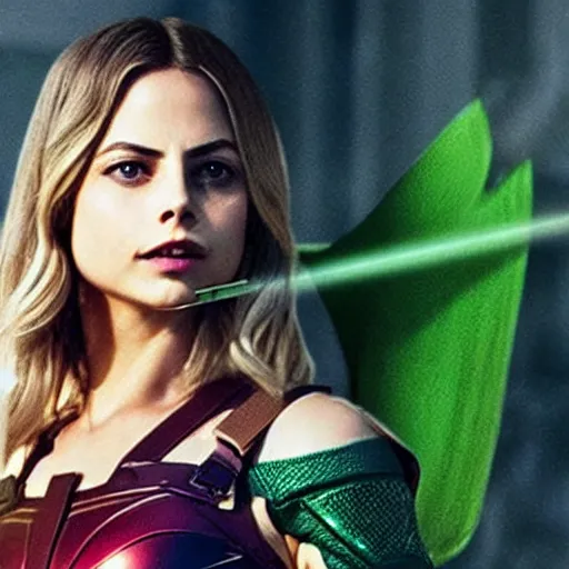 Image similar to film still of willa holland as an attractive female green arrow in the 2 0 1 7 film justice league, bleach blonde hair, focus - on - facial - details!!!!!!!!!!!!, minimal bodycon feminine costume, dramatic cinematic lighting, inspirational tone, suspenseful tone, promotional art