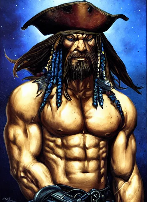 Prompt: portrait of muscular pirate, night sky background, coherent! by brom, deep color, strong line, high contrast