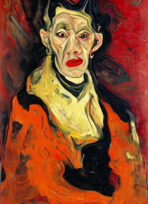 Image similar to an oil portrait of crooked meaty woman in a black fury coat and red dress, dark rich background, a sophisticated composition, in expressive style of Chaim Soutine and Frank Auerbach and Van Gogh, complimentary palette