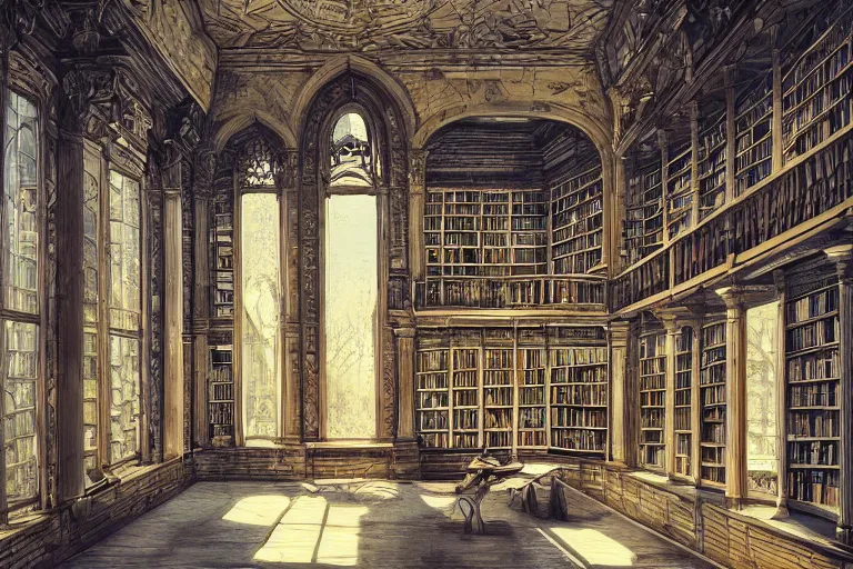 Prompt: A big library with loads of windows viewed from the inside, texture, intricate, details, highly detailed, masterpiece, architecture, building, trending on artstation, focus, sharp focus, concept art, digital painting, fantasy, sunny, day, midday, Blue tint, in the style of Dungeons and Dragons