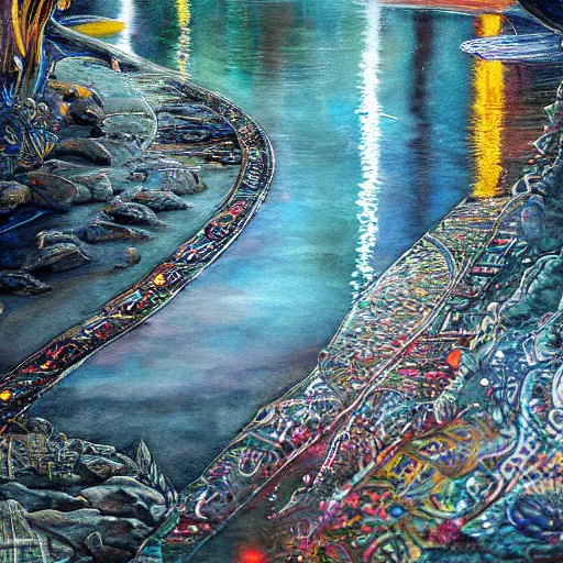 Image similar to A Mystic River, The River Is Full of Lights, Mysticism, Artwork, Watercolor, Indian Art, Cinematic, Exposure, Slit-Scan Photography, 2-Dimensional, 4k, Ultra-HD, Incandescent, Ray Tracing Reflections, insanely detailed and intricate, hypermaximalist, elegant, ornate, hyper realistic, super detailed:: watermark:: blurry:: cropped:: blur:: blurry:: out of focus:: by Dorothea Tanning, by Rene Magritte, by Victto Ngai