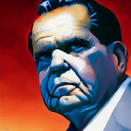 Prompt: greg manchess painting of richard nixon as an overwatch character, profile picture, matte painting, bold shapes, hard edges, street art, trending on artstation, by huang guangjian and gil elvgren and sachin teng