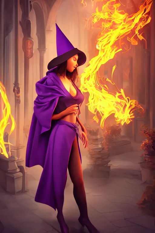 Prompt: Young petite beautiful woman in slim purple wizards apprentice robes with pointy hat at a crowded magical university, a flaming magical red flame hummingbird pet, full body shot unreal engine hyperreallistic render 8k character masterpiece digital art, cell shader shading, raytracing, comic art, manga, trending on Artstation, CGSociety