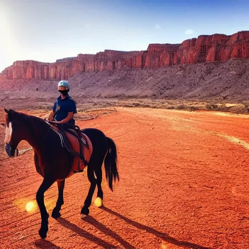 Image similar to horse spirit with lucky on his back riding next to a canyon riding into the sunset