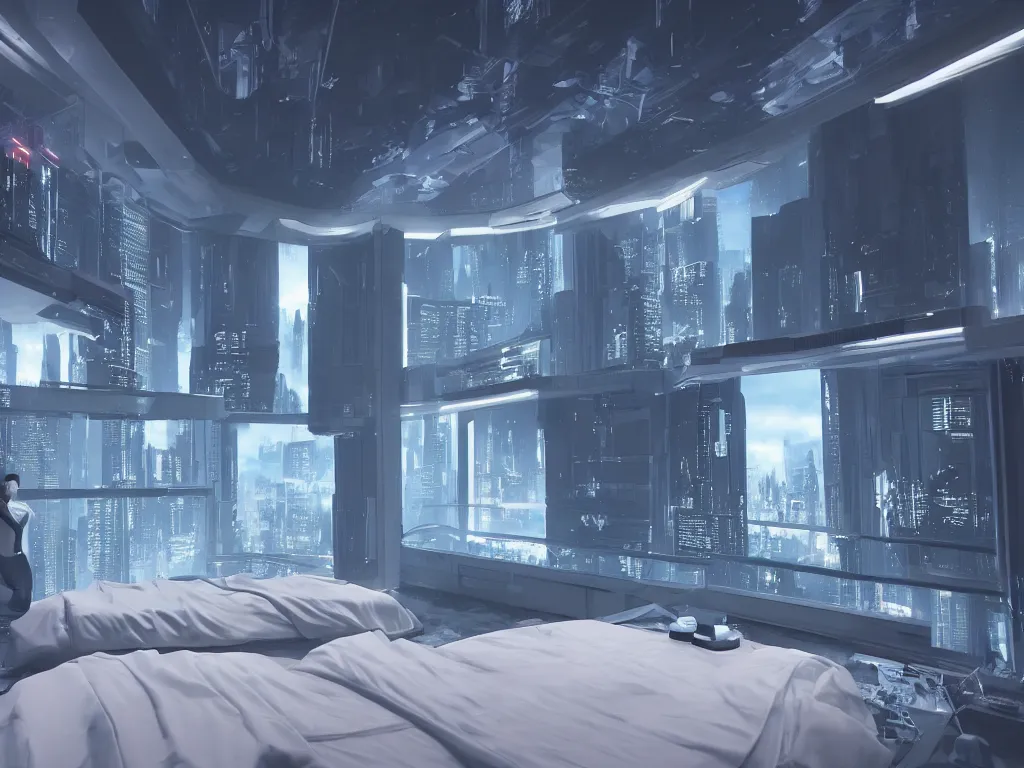 Image similar to a futuristic luxury white bedroom with ceiling high windows looking out to a far future cyberpunk cityscape with many flying cars, night time, neon lights, cinematic 3d render, unreal engine 5, cgsociety