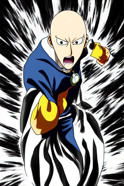 Image similar to saitama from one punch man, anime fight scene, dynamic punching pose