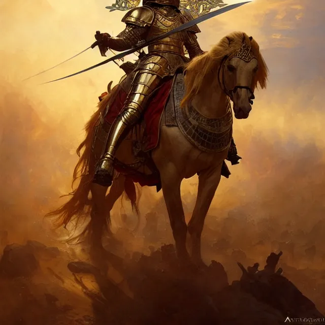 Image similar to battle of kings, medieval war, fire and dust and golden armor, action, dramatic lighting, intricate, wild, highly detailed, digital painting, artstation, concept art, smooth, sharp focus, illustration, art by artgerm and greg rutkowski and alphonse mucha