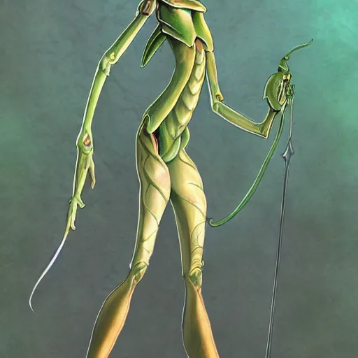 Prompt: green human-sized Mantis religiosa with 6 legs standing on a hill with magic wand in one hand and medival army behind her; fantasy drawing; D&D; magic; illustration; Artstation