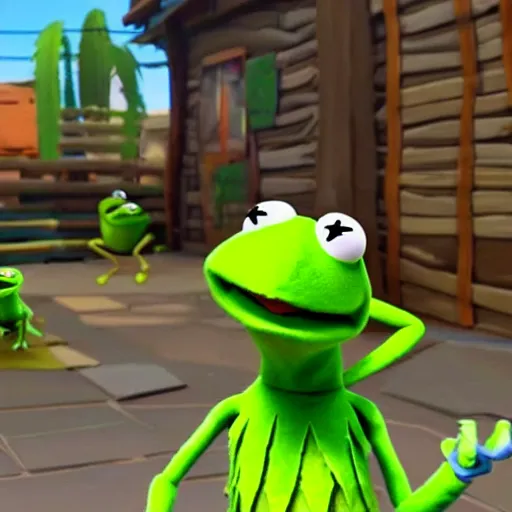 Image similar to still of kermit the frog from fortnite