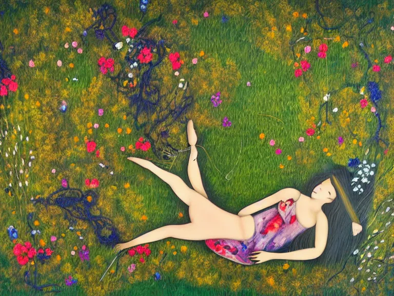 Prompt: abstract painting of drone view on a lawn full of flowers among forest with a girl laying on the grass with hairs weaved into the grass and grass forms a circled braid around her body. her soul is seemed in air connected to the soul of nature around her. in caravaggio style