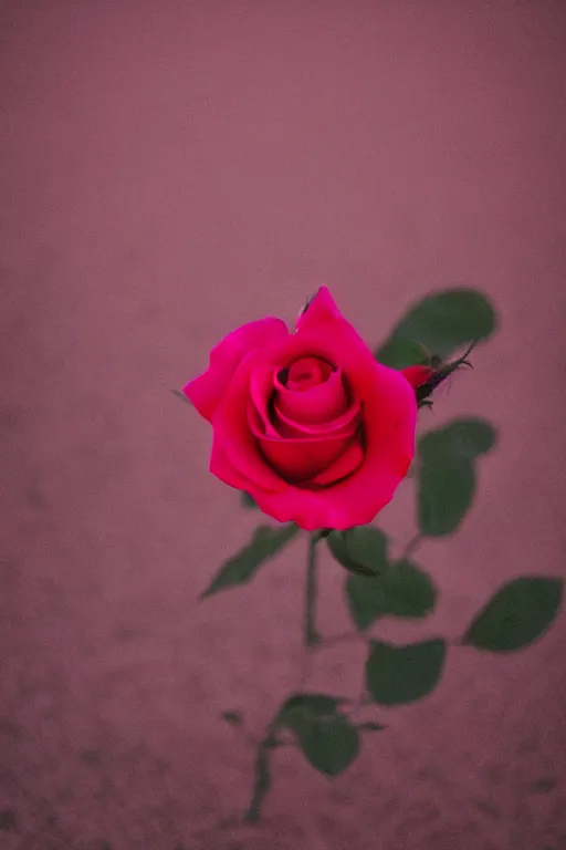 Image similar to agfa vista 4 0 0 photograph of a single rose growing in the desert sand, synth vibe, vaporwave colors, lens flare, moody lighting, moody vibe, telephoto, 9 0 s vibe, blurry background, grain, tranquil, calm, faded!,