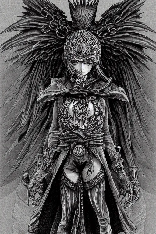 Image similar to raven, human figure, highly detailed, digital art, sharp focus, trending on art station, kentaro miura manga art style