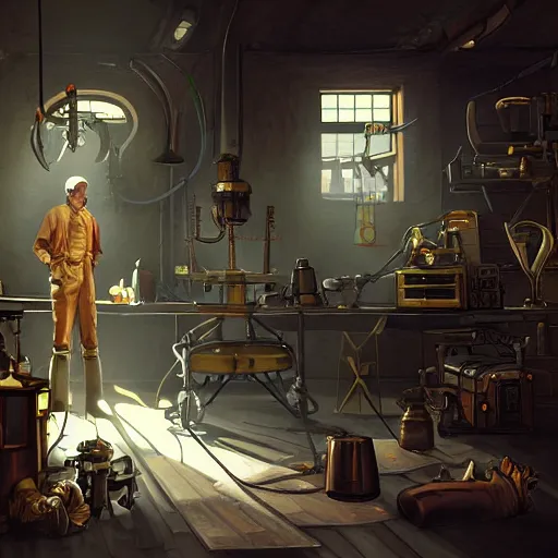 Prompt: an artificer working in his steampunk workshop, light rays, scifi