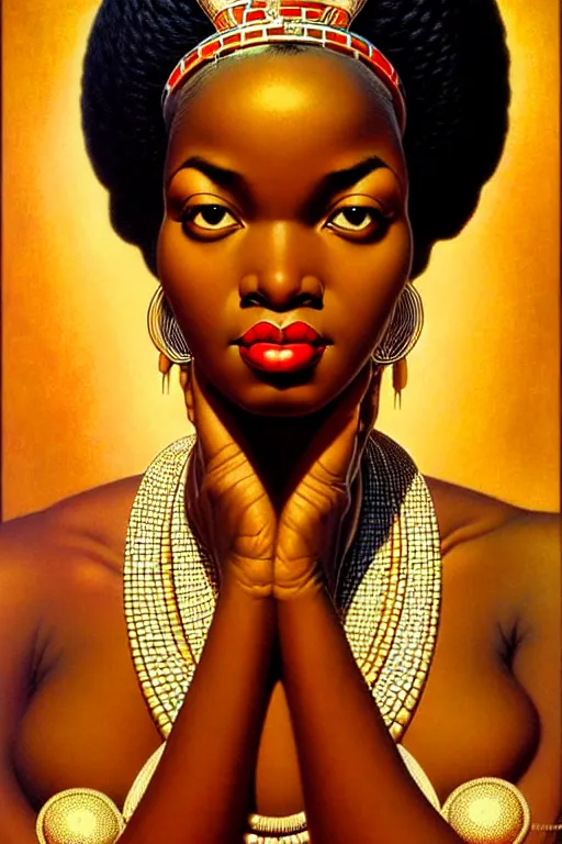 Image similar to an african goddess queen in a temple by gil elvgren and norman rockwell and rob gonsalves and hajime sorayama, hyperrealistic, high detail, ultra detailed, highly detailed face, feminine facial features