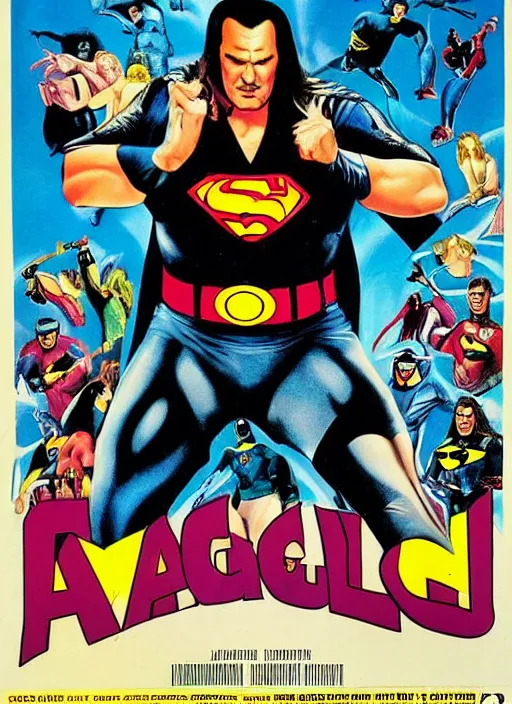 Prompt: an 8 0's john alvin superhero movie poster starring steven seagal as the character fat batman