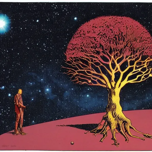 Image similar to a crystal floating in space with a large tree rooted in it, by moebius