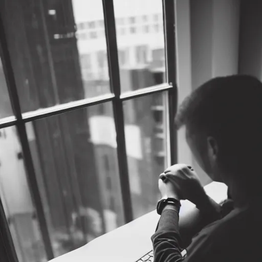 Prompt: guy looking at a laptop screen laughing, photograph, 35mm