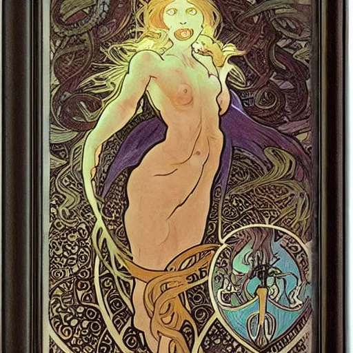 Image similar to lovecraftian protagonist by alphonse mucha