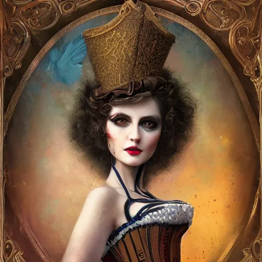 Prompt: photorealistic soft paint of a curiosities carnival, single young beautiful dollpunk in a full steampunk corset, symmetry accurate features, ominous, focus, rainbow lighting, very intricate details, award winning masterpiece, behance, by tom bagshaw