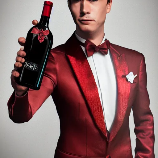 Image similar to a dragon man wearing tuxedo holding a wine bottle portrait, digital art, digital painting, masterpiece, elegant, hyper realistic, award winning, 8 k, behance, artstation, unreal engine 5, octane render, masterpiece, sharp focus, intricate, ornate