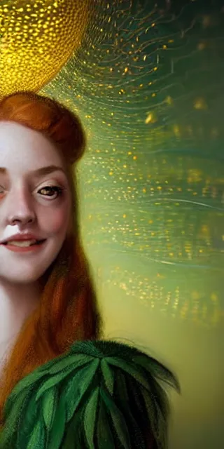 Image similar to a totally amazed smiling young woman surrounded by golden firefly lights in a mesmerizing scene, sitting amidst nature fully covered! intricate detailed dress, long loose red hair, precise linework, accurate green eyes, small nose with freckles, beautiful smooth oval head, expressive emotions, hyper realistic ultrafine portrait by artemisia gentileschi, jessica rossier, boris vallejo