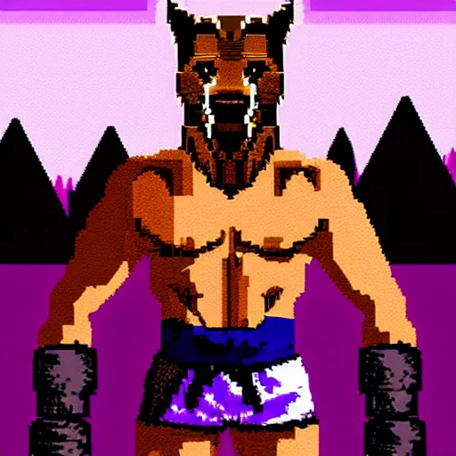 Image similar to full body portrait. 8 bit nes graphics. antropomorphic muscular masculine wolf. kickboxer fighter, in shorts. wolf head. furr on body. at night. postapocalyptic city on background, violet sky