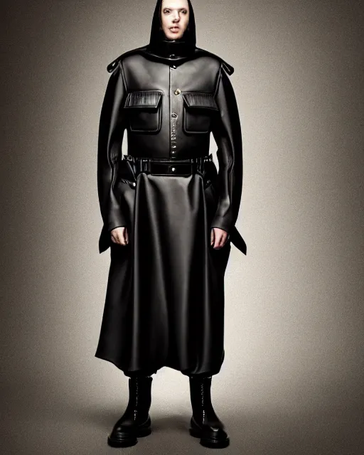 Prompt: an award - winning editorial photo of an extremely baggy but cropped ancient medieval designer menswear leather police jacket with an oversized large collar and baggy bootcut trousers designed by alexander mcqueen, 4 k, studio lighting, wide angle lens