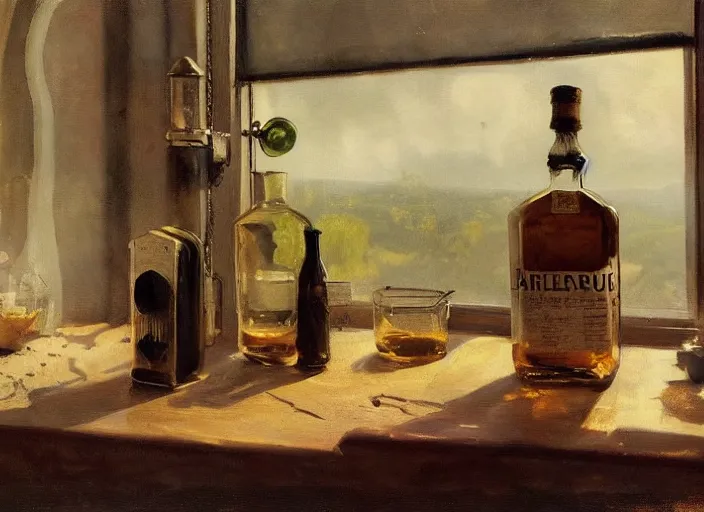 Image similar to oil painting of barley grains, plants and whiskey bottle, art by anders zorn, wonderful masterpiece by greg rutkowski, beautiful cinematic light, american romanticism by greg manchess, creation by tyler edlin