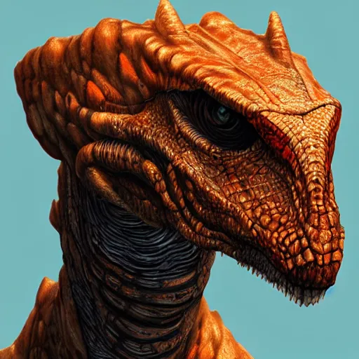 Prompt: cyborg dinosaur portrait, artstation