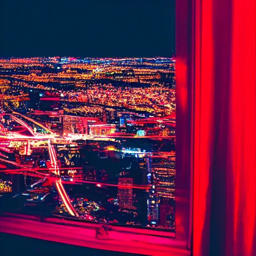 Prompt: view from window of nighttime city neon lights red neon