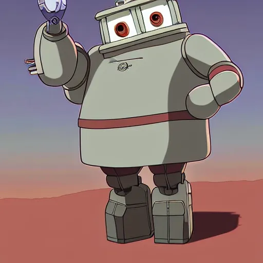 Image similar to a study of cell shaded cartoon of a grey robot st. bernard from howl's moving castle ( 2 0 0 4 ) on a desert road, full body, wide shot, very muted colors, post grunge, studio ghibli, laurie greasley, highly detailed, deviantart, art by artgem