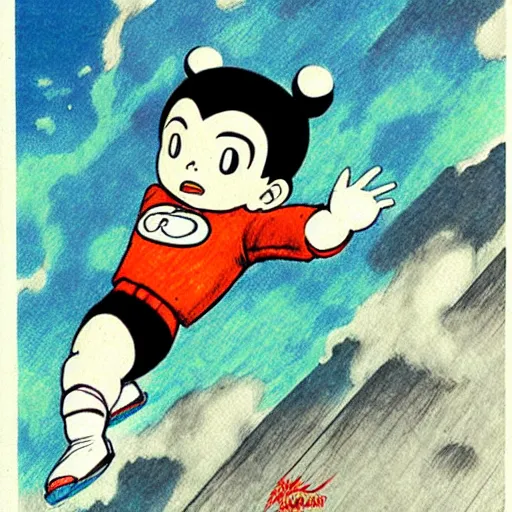 Image similar to astro boy flying, drawn by osamu tezuka, manga, water colored, pastel tones