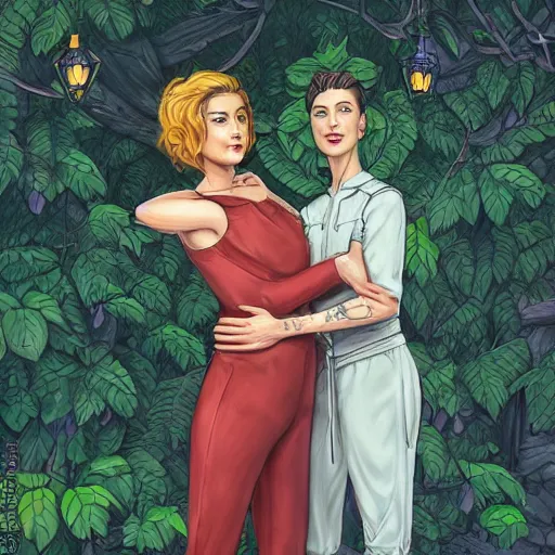 Image similar to modest short - haired tattooed heroic stoic handsome muscular blonde butch tomboy woman engineer in jumpsuit standing beside taller dark fae feathered modest gothic jennifer connelly in long dress, standing together in a beautiful lush garden at night, in love, highly detailed, trending on art station, illustration, oil painting, comic book