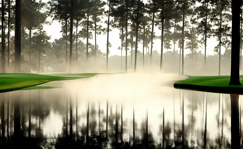 Image similar to augusta national, the masters, nr. 1 2, completely flooded with brown water, beautiful ambient light, fog,