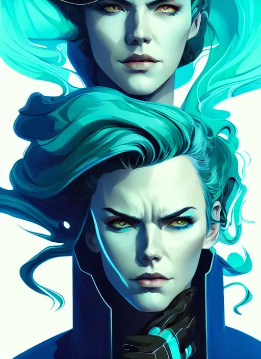 Image similar to style artgerm, joshua middleton, clint eastwood with green overcoat, blue hair, swirling water cosmos, symmetrical face, symmetrical eyes, cyberpunk, cinematic lighting