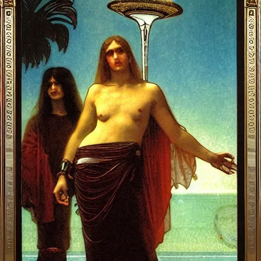 Prompt: Justice with a blood dripping chalice at the palace, thunderstorm, pool, beach and palm trees on the background major arcana sky, by paul delaroche, alphonse mucha and arnold böcklin arnold böcklin hyperrealistic 8k, very detailed