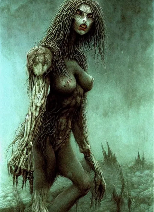 Image similar to bald werewolf barbarian teen girl by Beksinski and Luis Royo