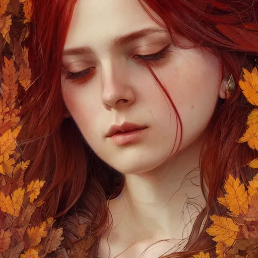 Image similar to girl with super long hair, hair becoming autumn red leaves, intricate, highly detailed, digital painting, artstation, concept art, smooth, sharp focus, illustration, unreal engine 5, 8 k, art by artgerm and greg rutkowski and alphonse mucha