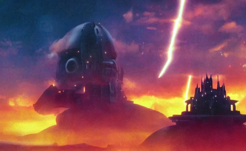 Prompt: still image screenshot floating castle in the sky planet under attack, lightning, badass action scene with laser explosions and sparks, from the tv show mandalorian on disney +, scene in front of a strange building, moody cloudy volumetric lightm imperial invading beautiful colorful cloud planet, backlit sunset, anamorphic lens, 3 5 mm film kodak 1 9 8 0 s