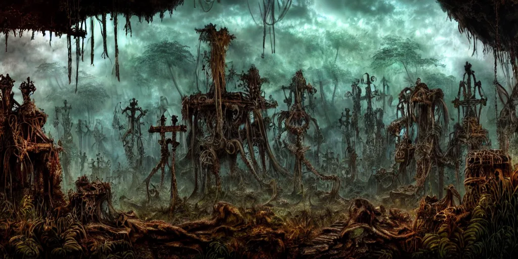 Image similar to shrouded in the rotting jungle are the mouths of the rust - caves of golgotha, chrome's graveyard, screenshot, concept art, retrofutistic, science fantasy, rpg, epic, extremely detailed, sharp focus, 4 k