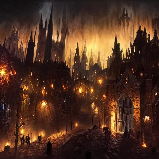 Image similar to fantasy dark medieval gothic cityscape on hill, painting, lights, darkness, lanterns, people in the streets, small buildings, city wall, dark fantasy, magic the gathering, blue tint, detailed, sharp focus, hyperrealistic, fantastic artwork, 4 k, artstation, high fantasy, ravnica, volumetric lighting, strong contrast, dark sky, far shot