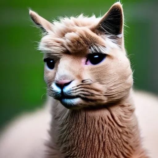 Image similar to a cat - alpaca - hybrid with a beak, animal photography