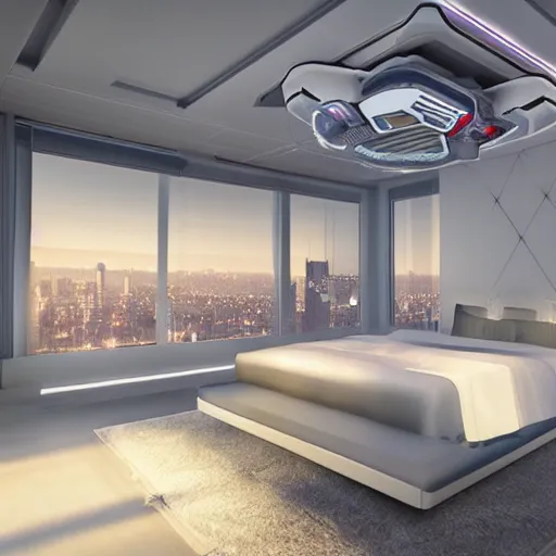 Image similar to a futuristic luxury white bedroom with ceiling high windows looking out to a cyberpunk cityscape with flying cars, night time, neon lights, cinematic 3d render