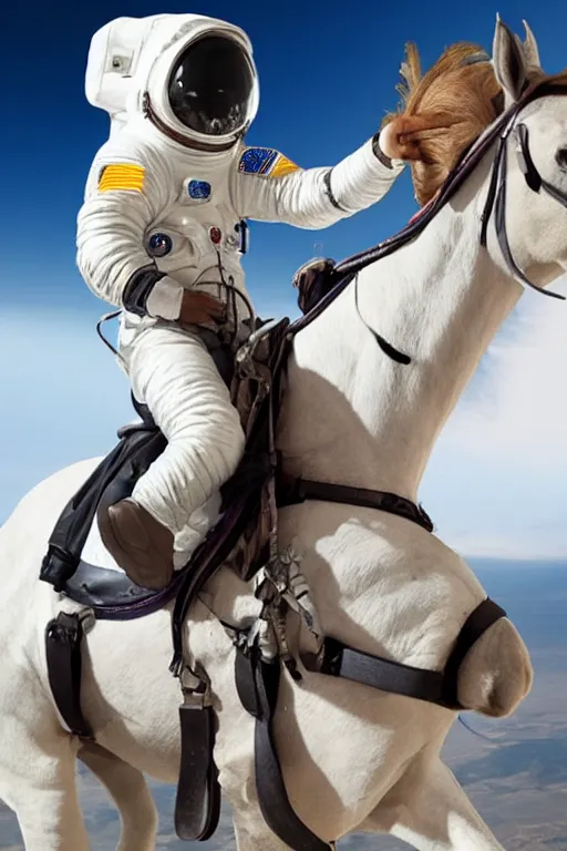 Image similar to a horse riding an astronaut.