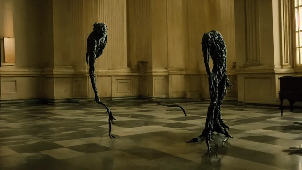 Prompt: the strange creature in city hall, made of wax and water, film still from the movie directed by Denis Villeneuve with art direction by Salvador Dalí, long lens