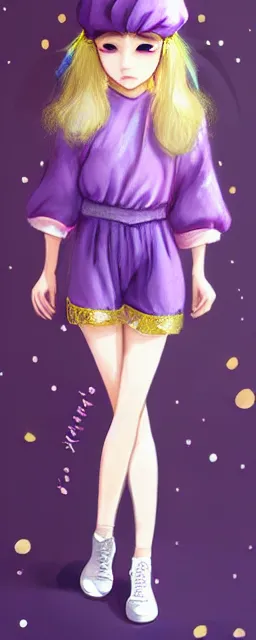 Image similar to Full View of a mysterious kpop fairy maidens with short blond hair wearing an oversized purple Beret, Baggy Purple overall shorts, Short Puffy pants made of silk, silk shoes, a big billowy scarf, Golden Ribbons, white leggings Covered in stars. Short Hair. peasant magic. masterpiece 4k digital illustration by Ruan Jia and Mandy Jurgens and Artgerm and william-adolphe bouguereau, award winning, Artstation, art nouveau aesthetic, Alphonse Mucha background, intricate details, realistic, panoramic view, Hyperdetailed, 8k resolution, intricate art nouveau, smooth, sharp focus