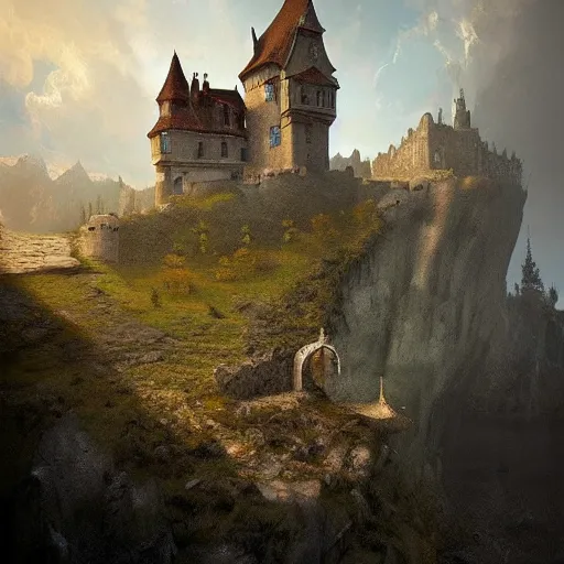 Image similar to a beautiful painting of a castle by Michal Karcz, featured on artstation, breathtaking clouds